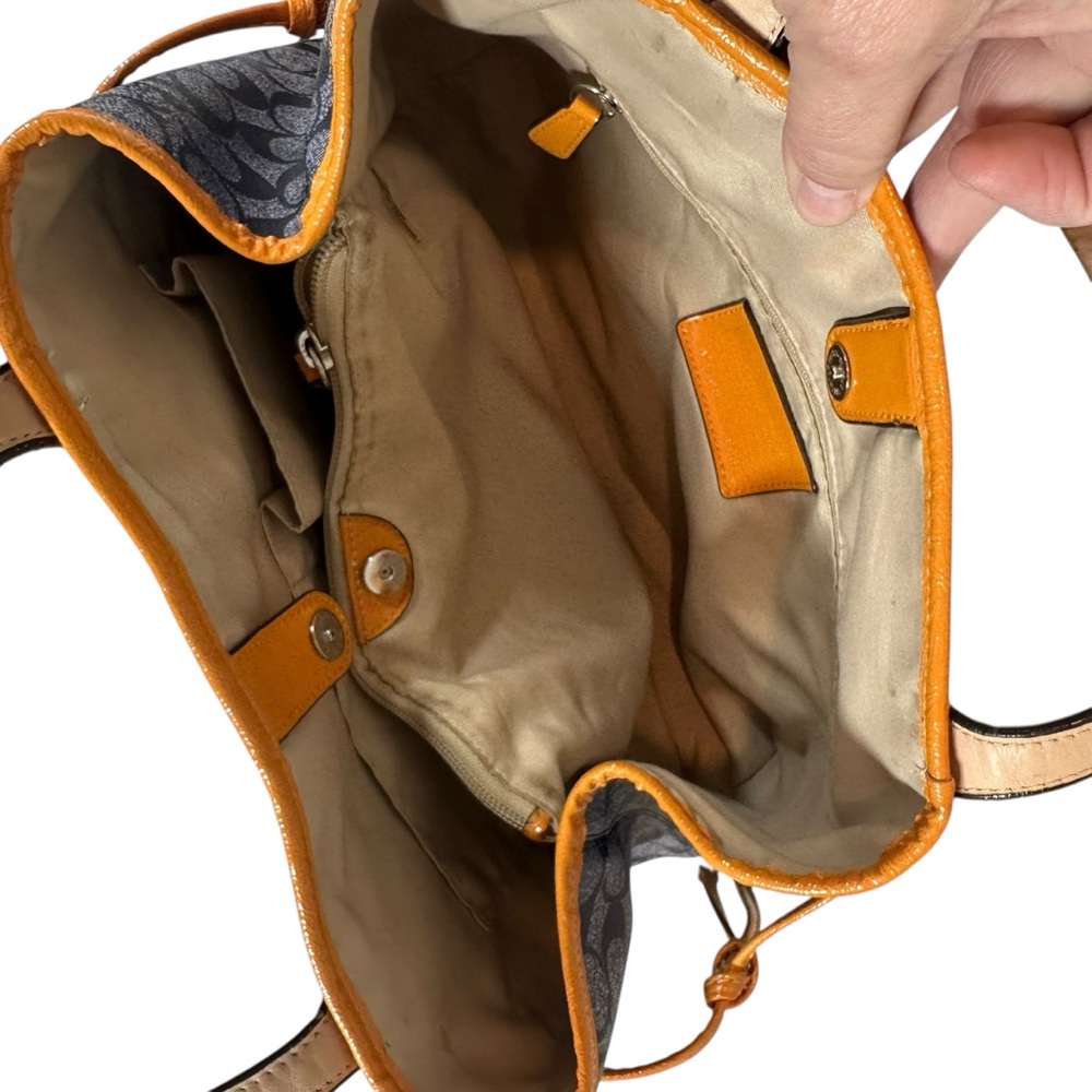 COACH Signature Coated Canvas Drawstring Carryall Bag Denim Blue & Orange Detail - Picture 6 of 14